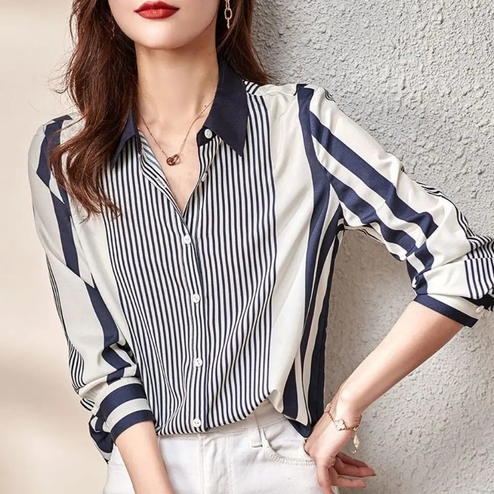 Striped Color Blocked Long Sleeved Chiffon Shirt for Women's Spring Autumn New Commuting Temperament Loose Versatile Shirt Top