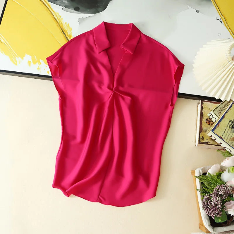 Tcyeek 93% Mulberry Silk Blouse for Women 2024 Thin Style Womens Tops Summer Clothes 7 Colors Sleeveless Top Blusas De Mujer