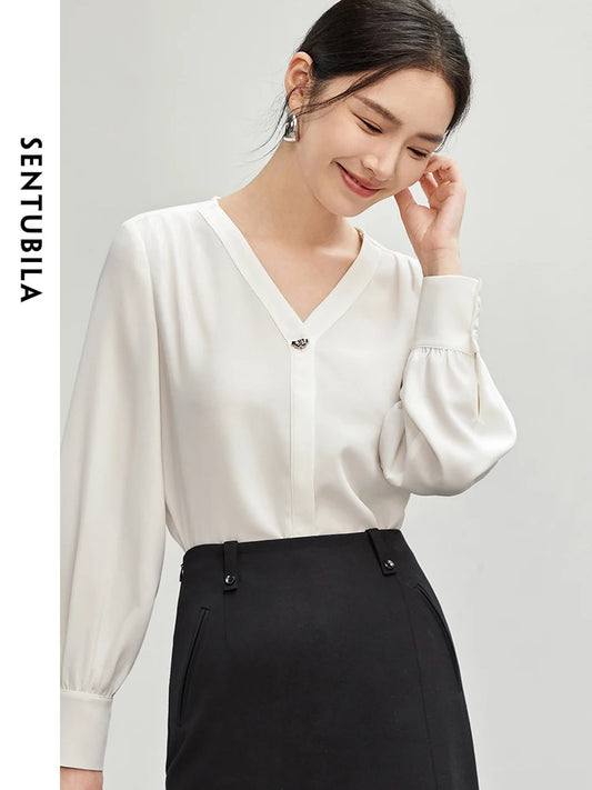 SENTUBILA Office Lady White Shirt Women 2024 Autumn Chiffon V-neck Long Sleeve Hidden Button Casual Simple Blouse 143V55792