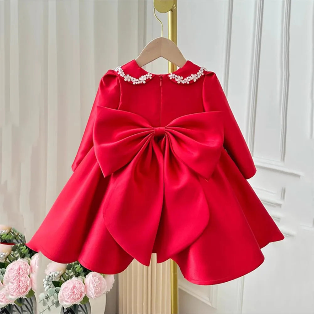 Red Long sleeved Girl's Satin Princess Dress Children's Birthday Dress kids dress wedding