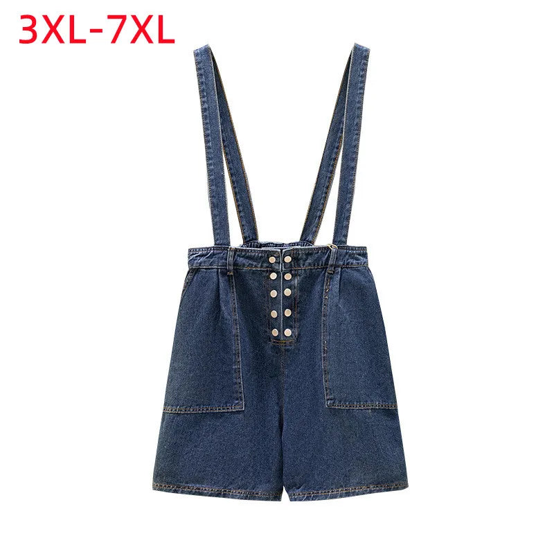 New 2023 Summer Plus Size Rompers For Women Large Overalls Loose Blue Cotton Button Denim One piece shorts 3XL 4XL 5XL 6XL 7XL