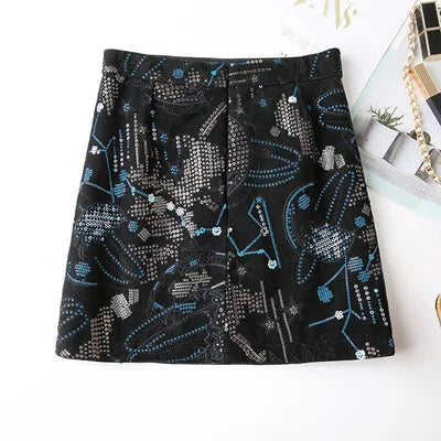 Real Sheepskin Sequin Embroidered Skirt Women's High Waist New Fashion A-Line Skirt Short Skirt J9