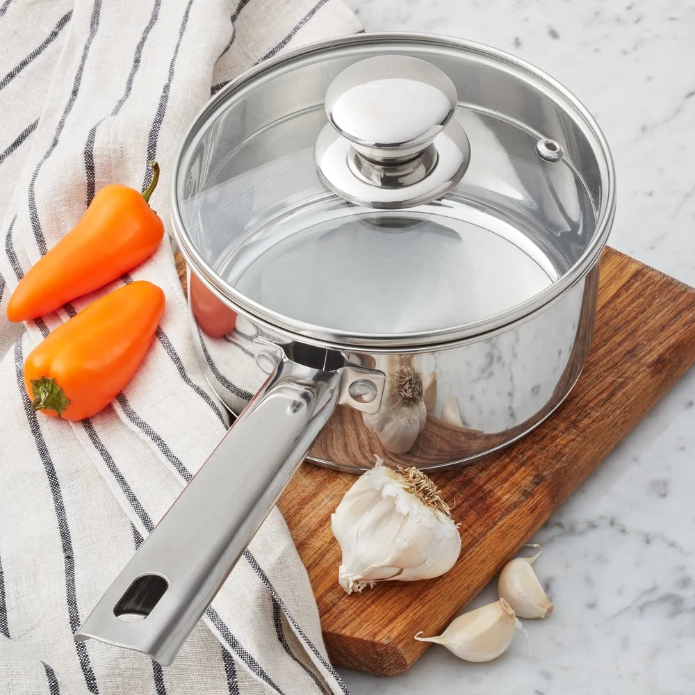 Stainless Steel Saucepan 1Qt Oven-Safe with Straining Lid Pour Spouts Gas Induction Compatible — view 3 of cookware