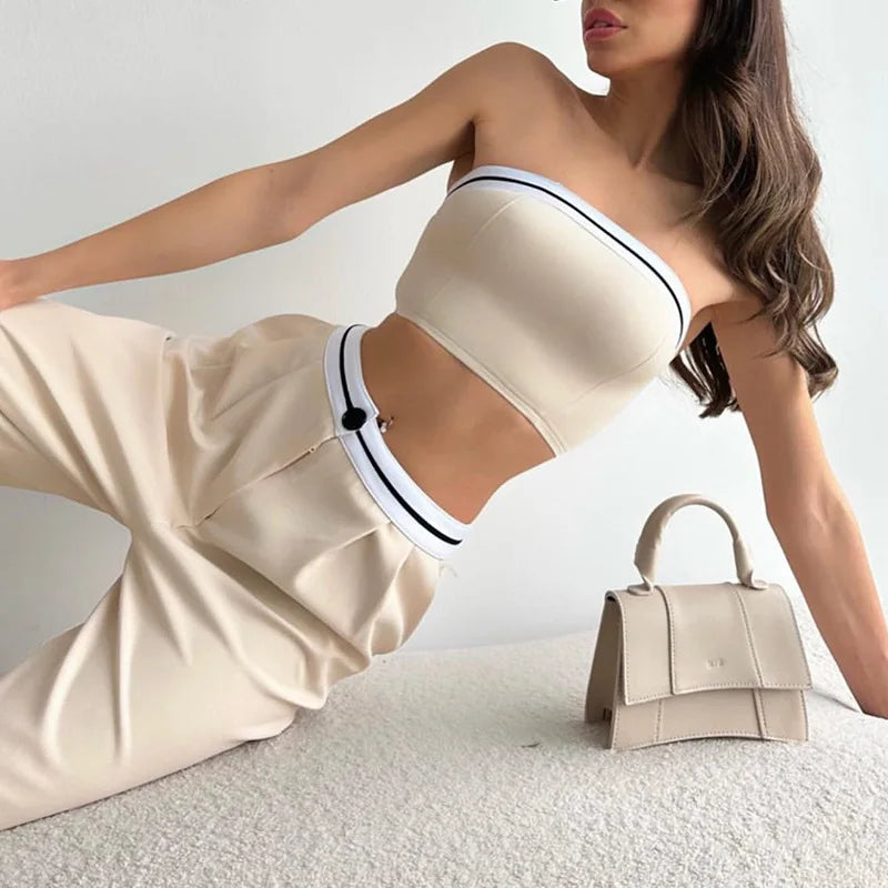 Women's Sexy And Fashionable Pants Set Spring/Summer Spicy Girls Sports Tube Top+High Waist Wide