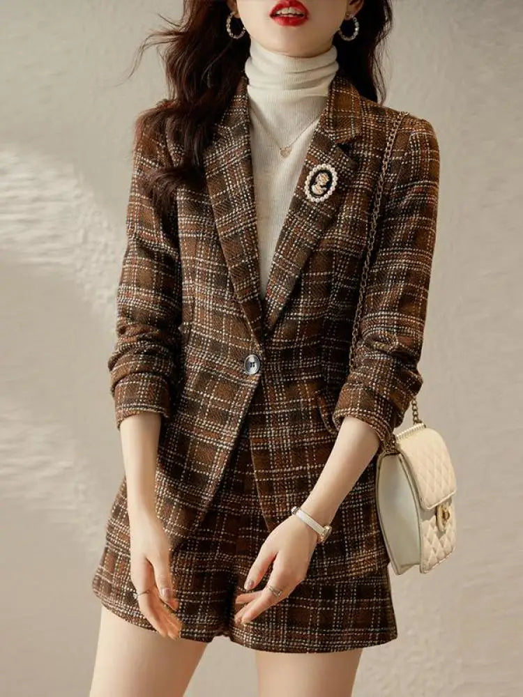 Autumn Winter Vintage Plaid Blazer Office Ladies 2 Piece Sets Korean Elegant Long Sleeve Suit Coat And High Waist Shorts Outfit