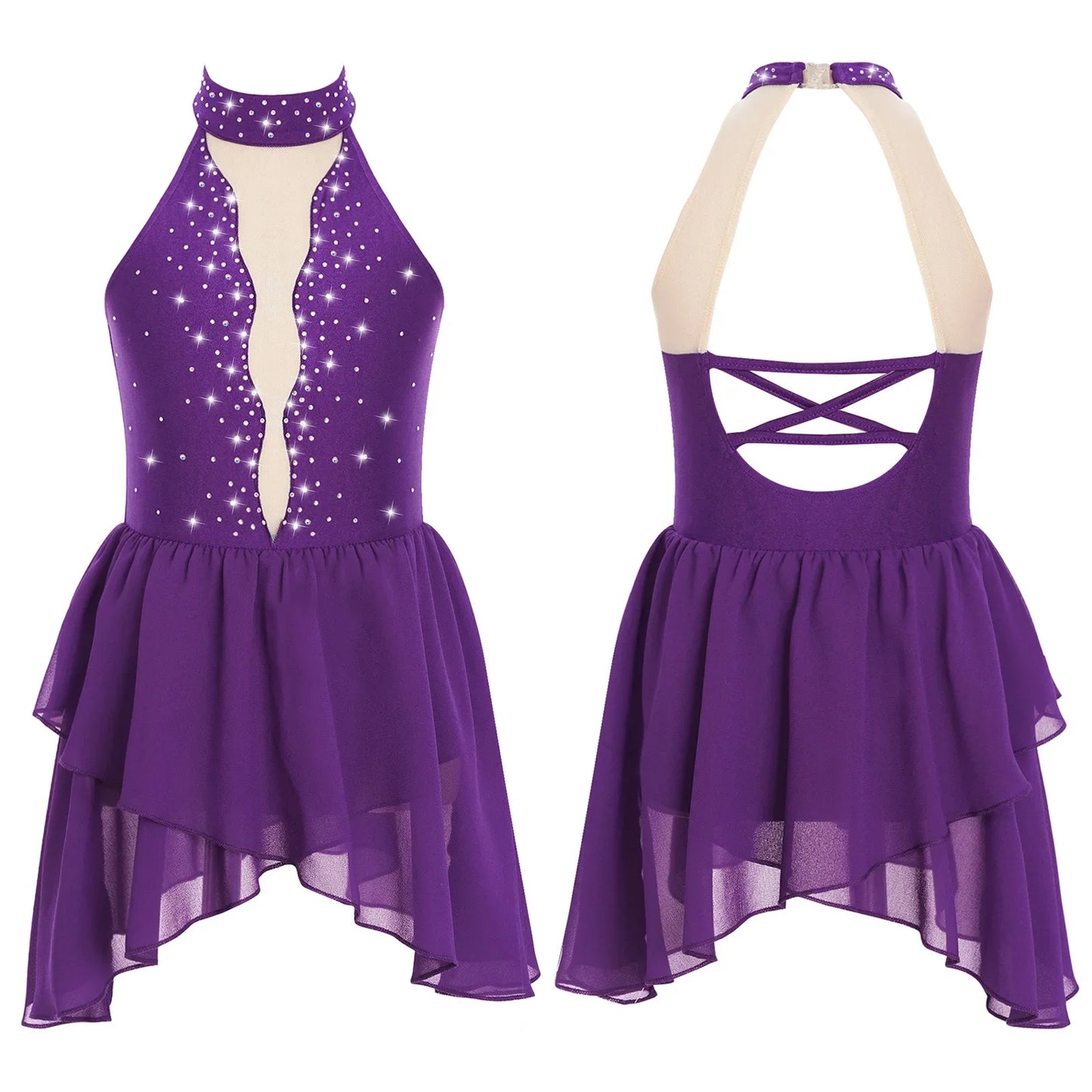 Kids Girls Rhinestone Dance Dress - Ballet Gymnastics Sleeveless Mesh Leotard — view 7 of dance costumes