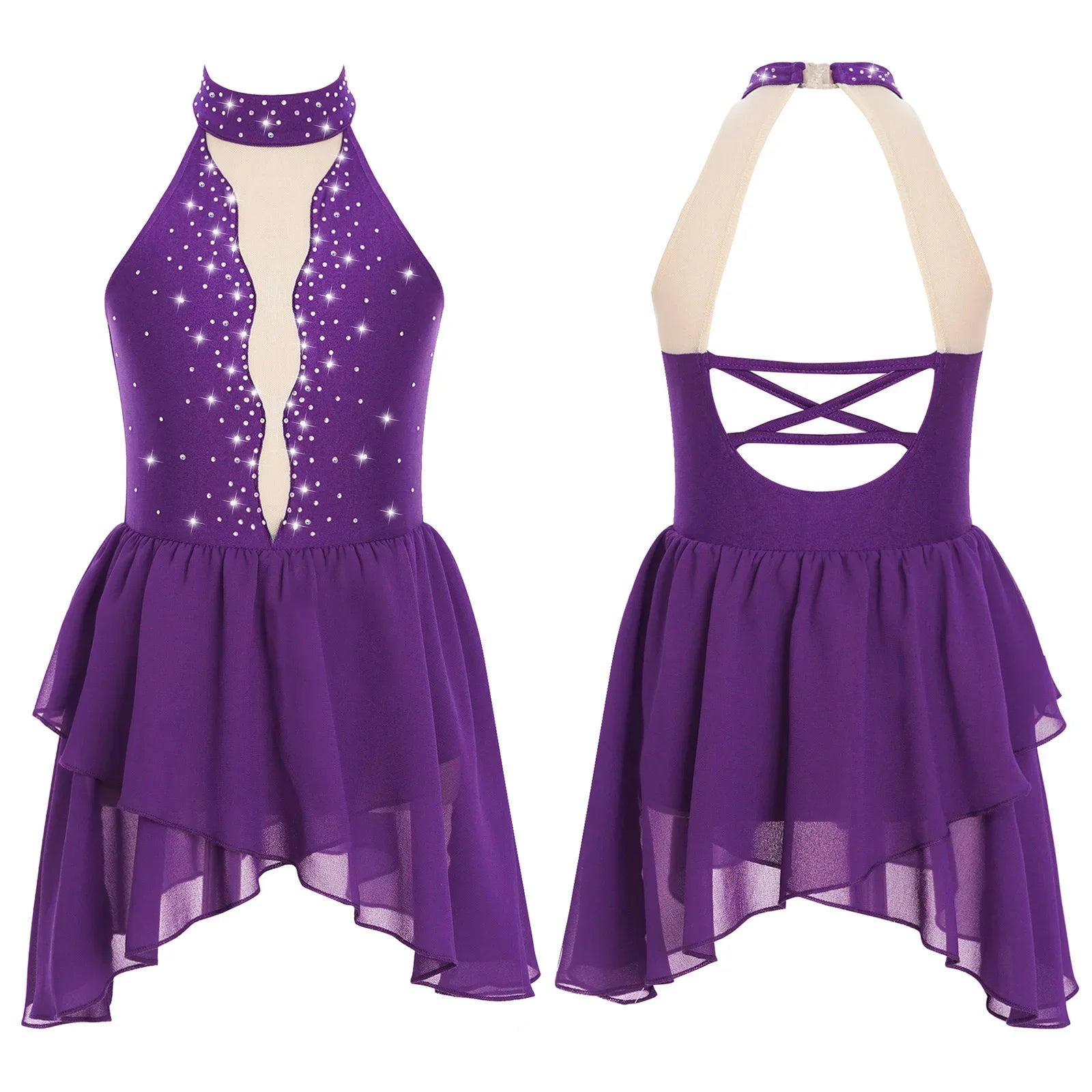 Kids Girls Rhinestone Dance Dress - Ballet Gymnastics Sleeveless Mesh Leotard — view 7 of dance costumes
