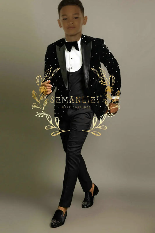 2025 Boys’ Black Velvet Tuxedo Suit – Crystal Beaded 3-Piece Wedding & Party Outfit