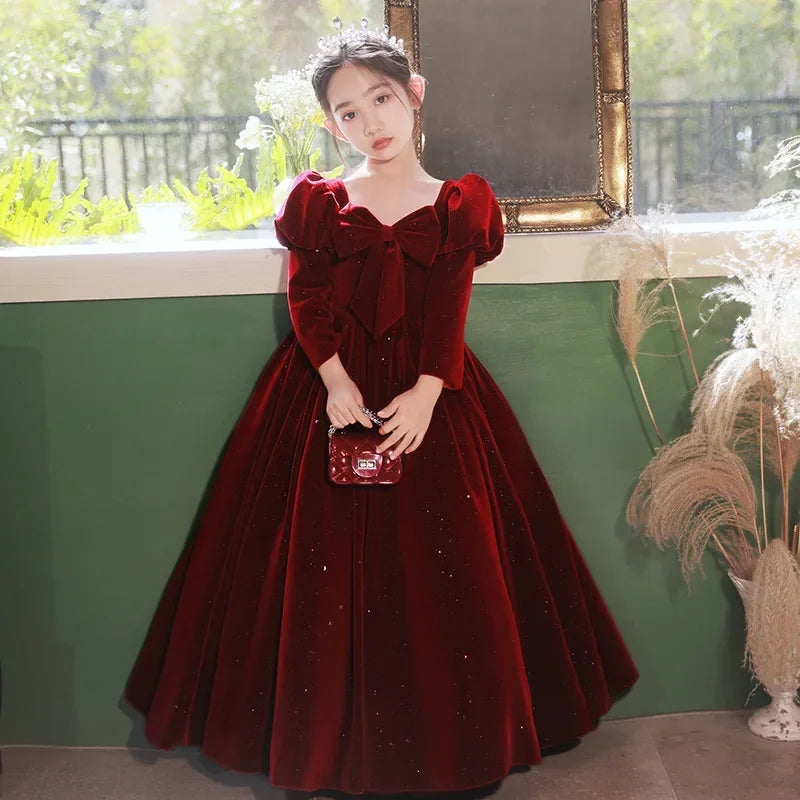 2024 Prom Elegant Dress for Girls Children Red Velvet Long Evening Dresses Kid Luxury Flower Clothes Ball Gown Teens Partywear