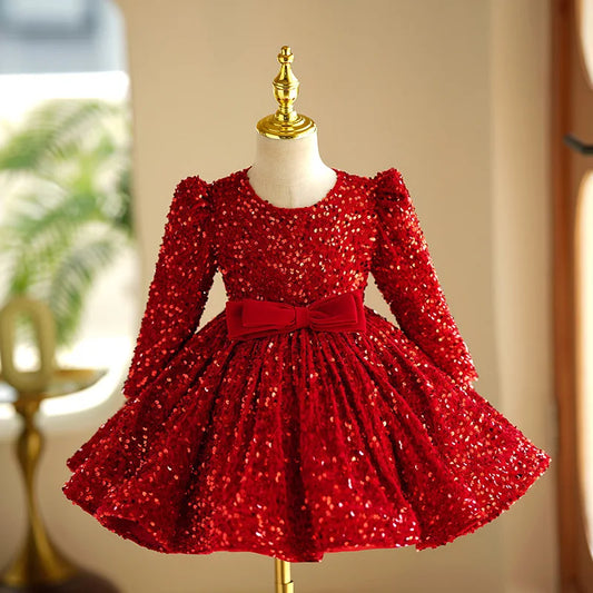 Long Sleeve Fashion Red Princess Ball Gown For Girls Sequins Bow Design Birthday Party Wedding Dress g170