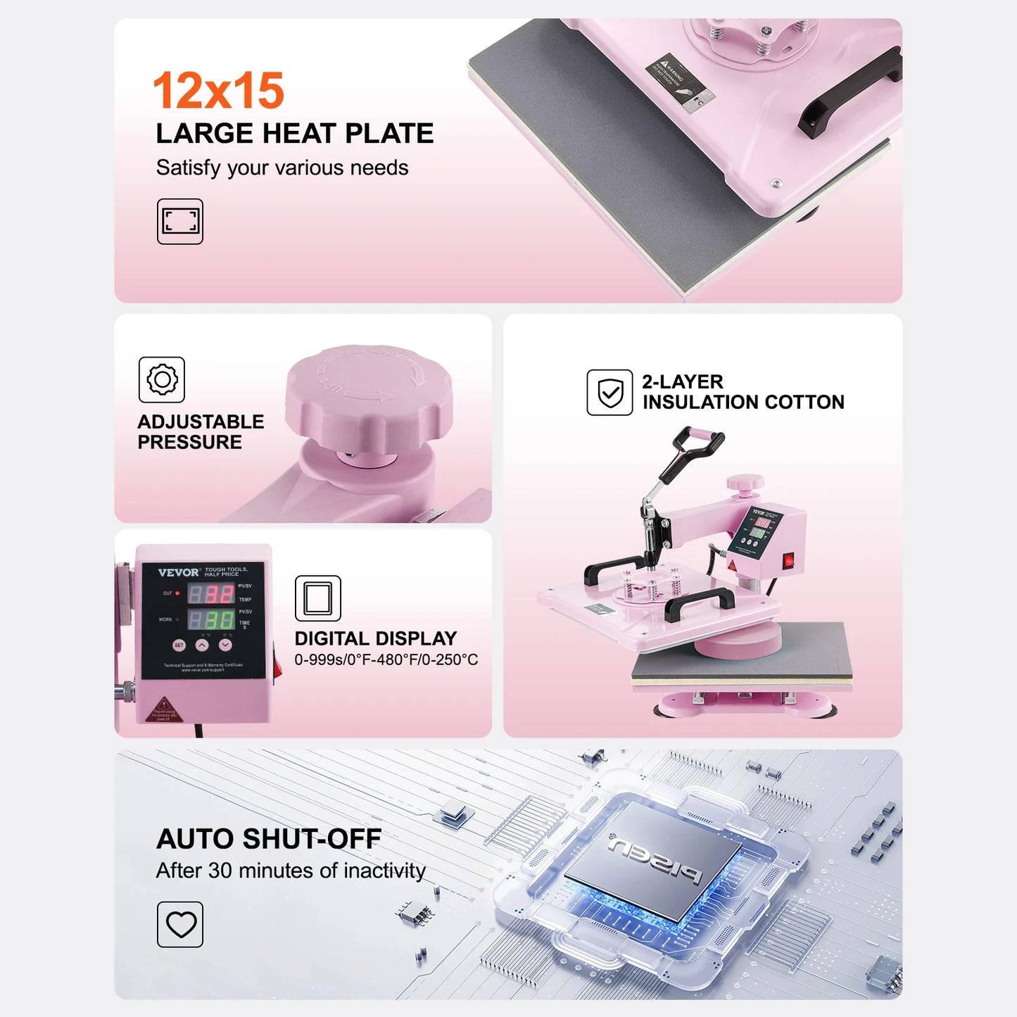 SucceBuy Heat Press Machine 12x15 inch  8 in 1 Heat Transfer Machine 360° Swing Away T-Shirt for T-Shirts/Mugs/Hats/Plates Pink