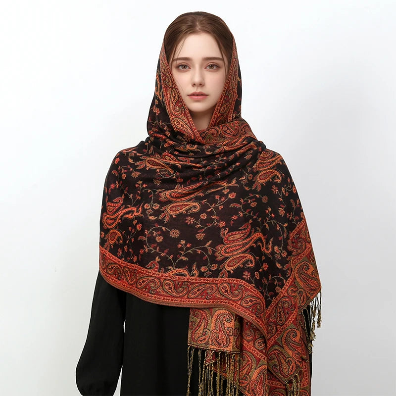 Pashmina Scarf European Bohemia Paisley Jacquard — Museum-Piece Cashmere Shawl Wrap 70×190cm — view 20 of scarves & wraps