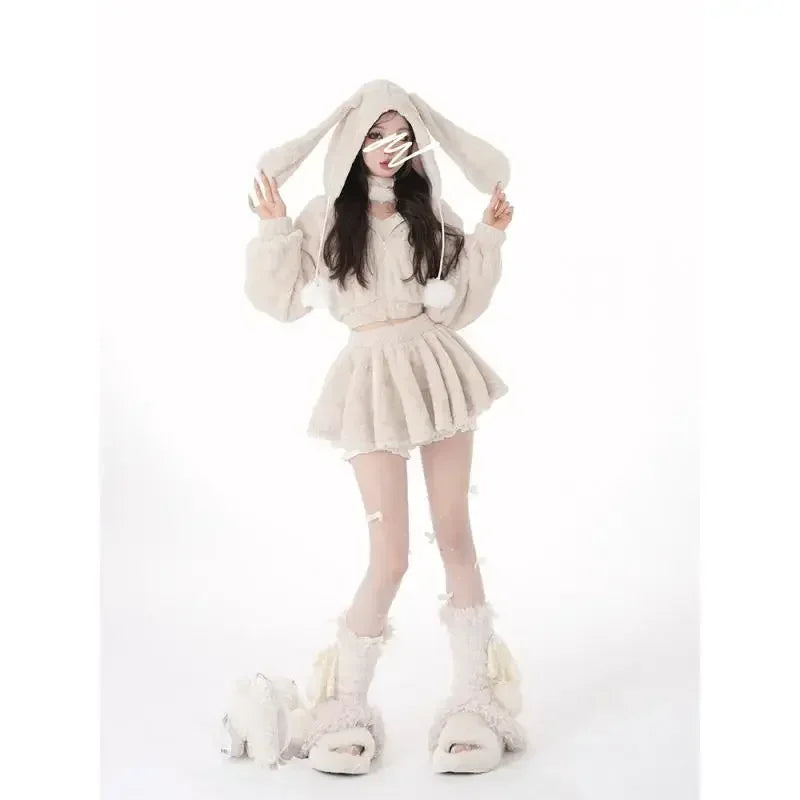 New Womens Bunny Ears Kawaii Hooded Jacket Casual Fashion Cute Slim Sexy Top Harajuku Y2k Hoodie Style High Waist Bud Skirt Suit