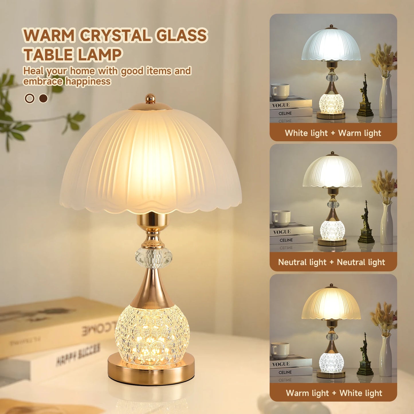 Crystal Petal Bedside Table Lamp &mdash; Luxury Dimmable Push-Button Nightstand Light for Bedroom — view 2 of lighting