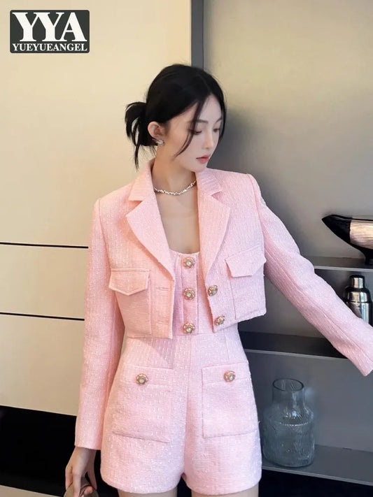 Office Lady Fashion Long Sleeve Pink Tweed Jacket Suspenders Playsuits Two Piece Set Sweet Women Spring Autumn Matching Sets