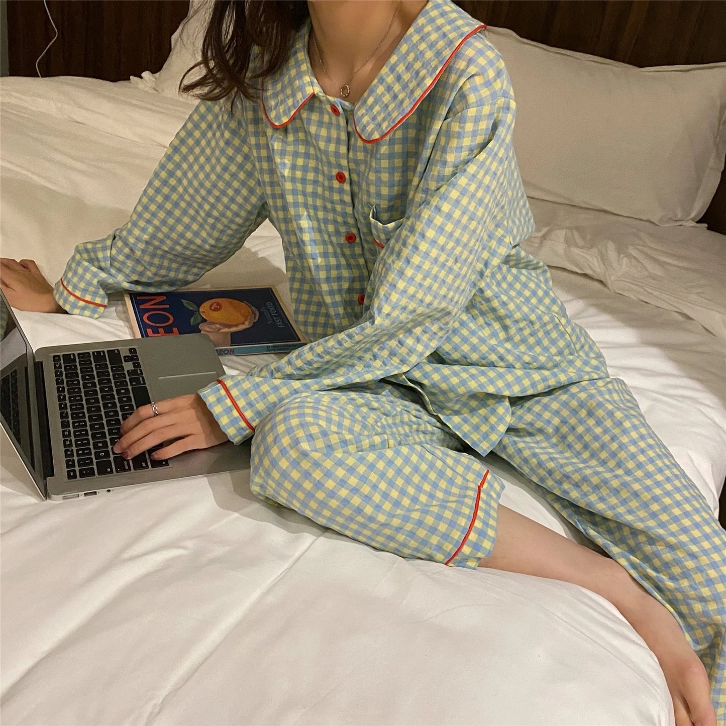 Women's Pajamas New Autumn Spring Long Sleeve Soft Sleepwear Set Grid cartoon pyjama Woman Home