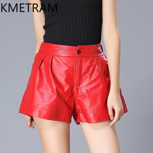 KMETRAM Real Leather Shorts Loose High Waist Trouser Sheepskin Autumn Winter Women's Shorts A-line Thin Short 2024 Ropa Mujer