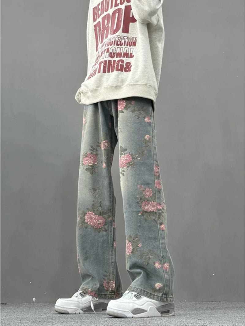 Floral-Print Wide-Leg Jeans — Mid-Rise Summer Straight-Leg Floor-Length Denim — back view