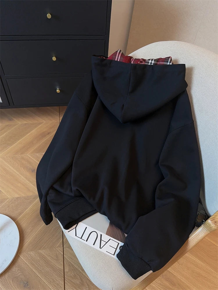 Black Women Sweatshirt Coat Hooded Vintage Long Sleeve Korean Fashion Casual Y2K Style 2024 Autumn NEW Female Solid Black Tops