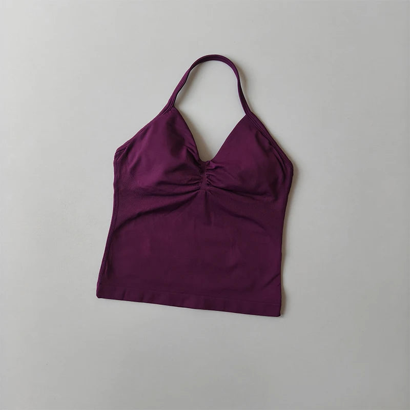 Longline Strappy Yoga Tank &mdash; Seamless Ruched Backless Gym Vest with Built-In Bra — view 9 of sports bras
