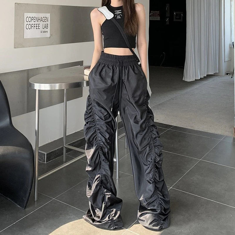 Y2K Black Parachute Pants Women Hippie Oversized Wide Leg Cargo Trousers