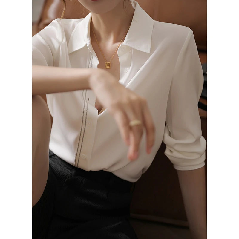 Women Korean Fashion Silk Long Sleeve Solid Color Office Lady Shirts Women Clothes Simplicity Appear Thin All-match Trend Tops