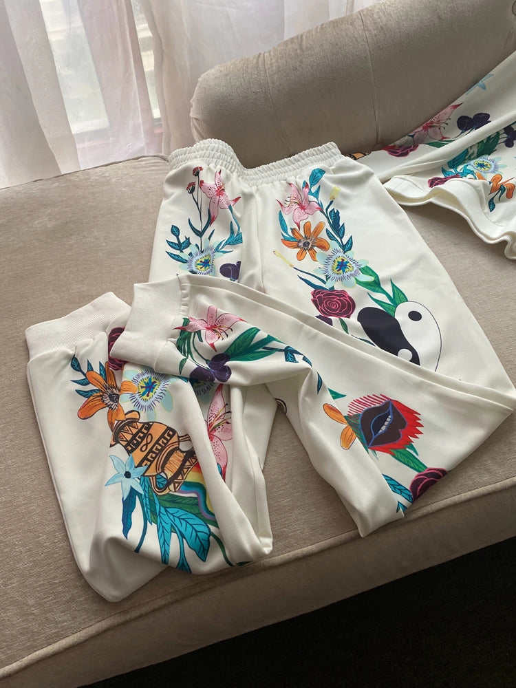 Autumn Vintage Women Floral Printed Two Piece Running Set High Quality Outdoor Sports Suit Sweatshirt Pants Jogging Tracksuit