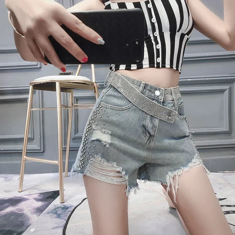 New Golden  diamond heavy wide legged jeans shorts female high hole burrs waist thin hot pants