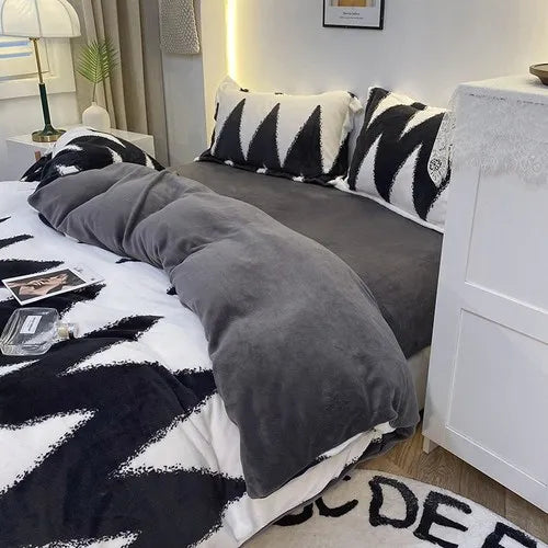 Coral Fleece Four-Piece Set Winter Thicken Thermal Double-Sided Flannel Bed Sheet Leopard Quilt Cover Milk Fiber Bedding