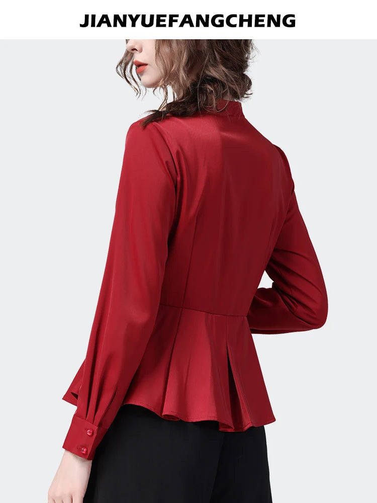 Office Ladies Red Satin Shirt Long Sleeve V-Neck Elegant Skinny Cinch Waist Top Fashion Female Formal Working Blouses