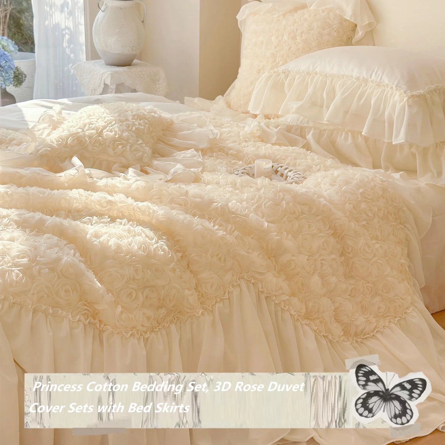 Princess Cotton Bedding Set, 3D Rose Duvet Cover Sets with Bed Skirts,Cream White Rose Design Bedding 4pcs, Skin-friendly Fabric