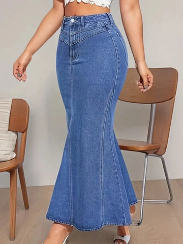Denim Fishtail Skirt — Mid-Waist Stretch Mermaid Midi Skirt — front view