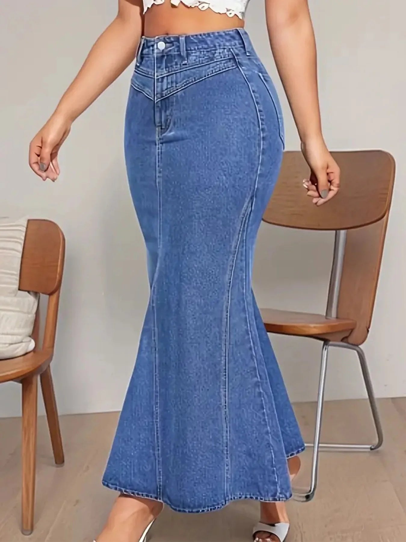 Denim Fishtail Skirt — Mid-Waist Stretch Mermaid Midi Skirt — front view
