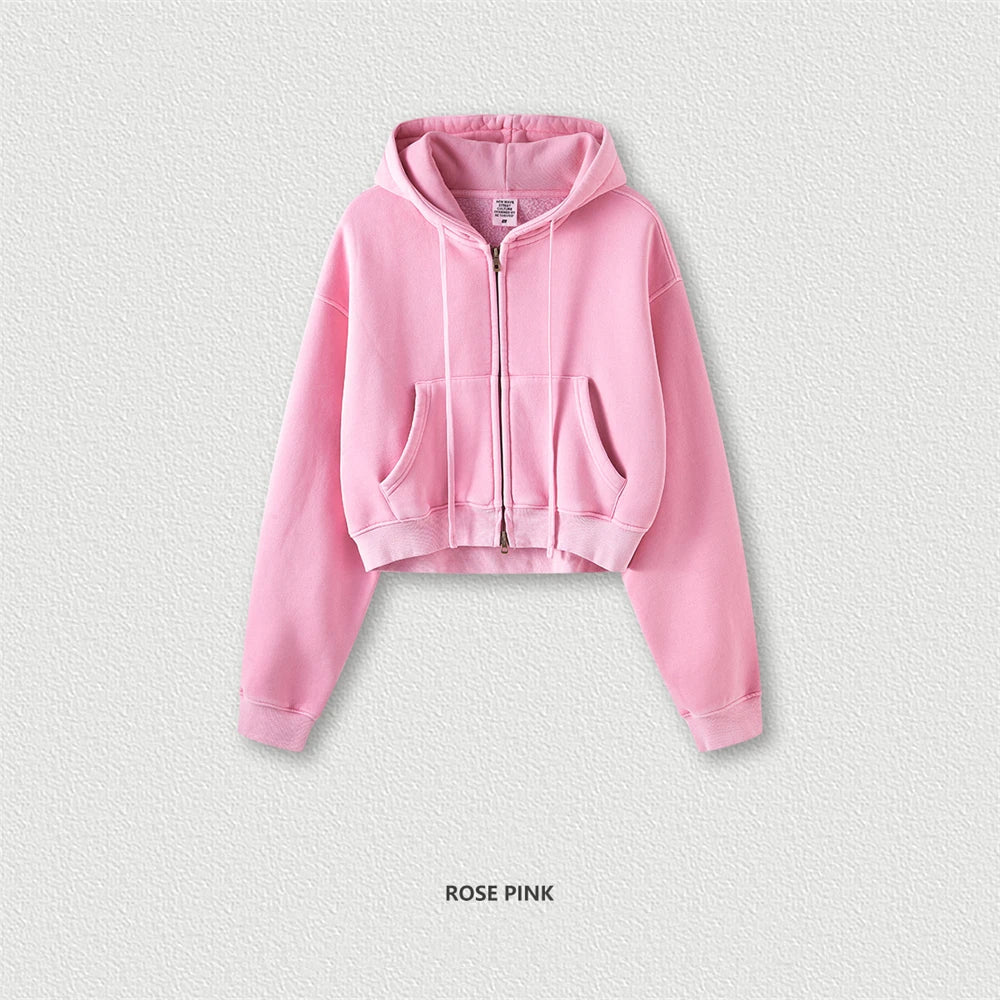 ZODF Retro 2023 Winter Women Short Zipper Hoodies Female Girls Loose 355gsm Thick Fleece Hooded Zip-up Coat Streetwears HY0448