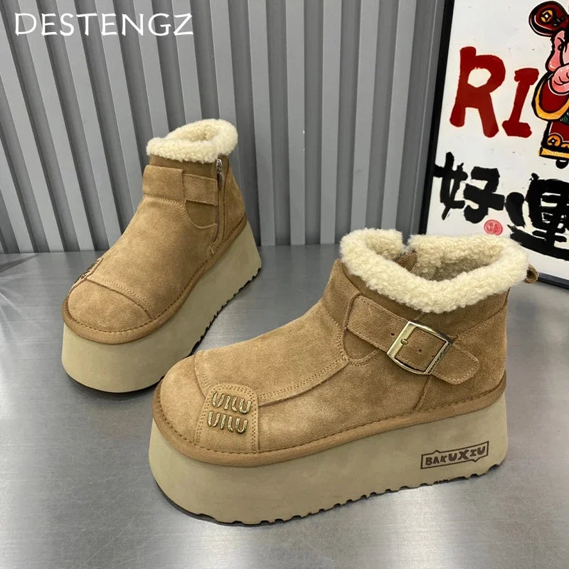 Fur Platform Ankle Boots for Women — Suede Flats with Warm Plush Lining — view 5 of boots