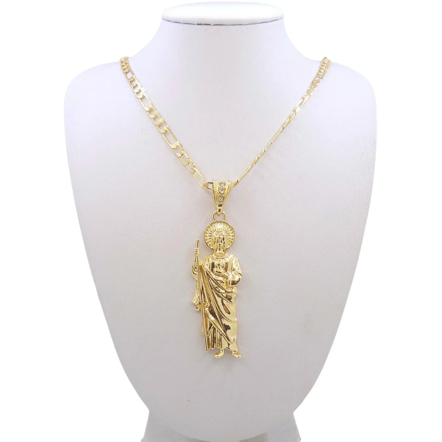 Saint Jude Necklace — 14K Gold Plated San Judas Pendant Figaro Chain Jewelry — view 4 of jewelry
