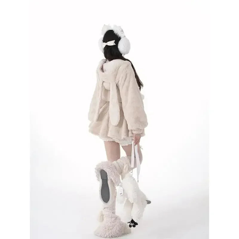 New Womens Bunny Ears Kawaii Hooded Jacket Casual Fashion Cute Slim Sexy Top Harajuku Y2k Hoodie Style High Waist Bud Skirt Suit