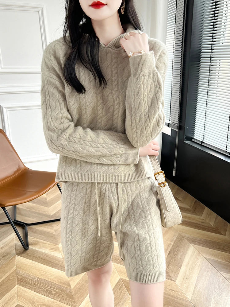 High Quality Suit Spring Autumn 100% Pure Wool Knitted Hoodie Women's Pullover Sweater And Short Pants Two-Piece Female Clothing