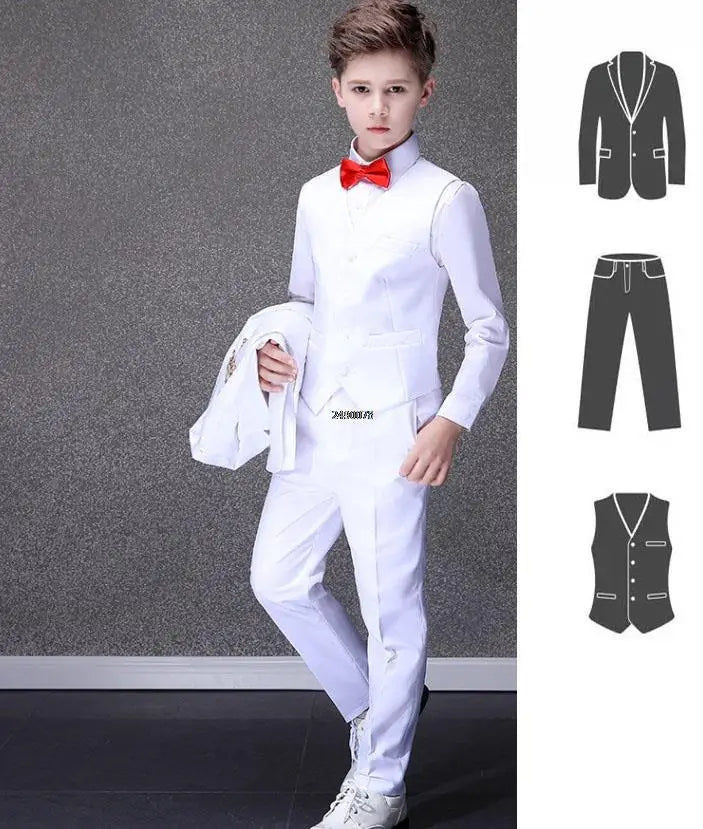 Flower Boys White Baptism Suit Kid Wedding Party Photograph Set Teenager Birthday Tuxedo Dress Children Graduation Stage Costume