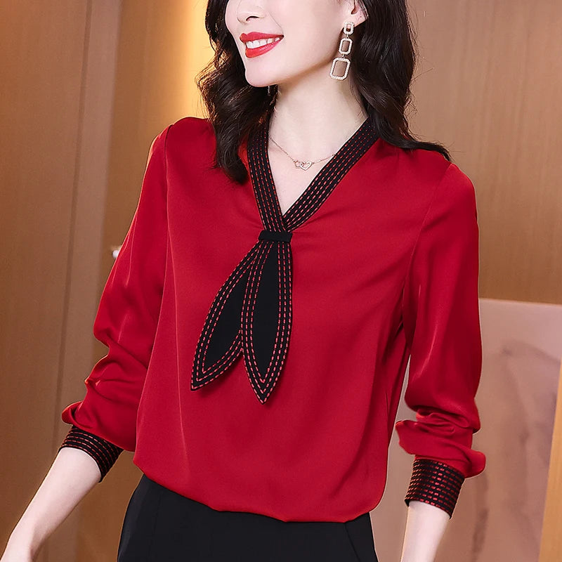 Spring Autumn Women Red Shirt Elegant Fashion Bow V-neck Long Sleeve Shirts Real Silk Blouses Female Loose Blouse Solid Tops