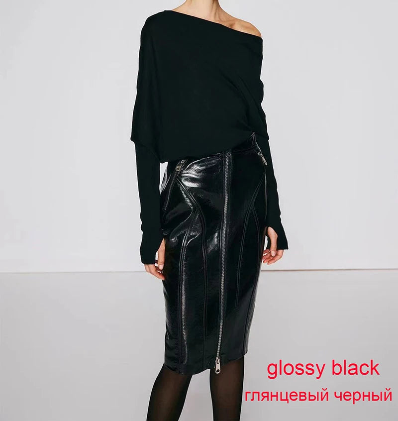 Genuine Leather Glossy Skirts 2024 Spring Autumn Fashion Women High Waist Front Zipper Bodycon Chic Ladies Real Lambskin Skirts