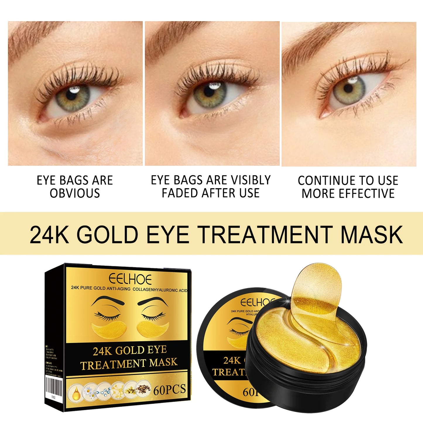 60PCS 24K Gold Under-Eye Patches – Hydrating Eye Masks for Dark Circles