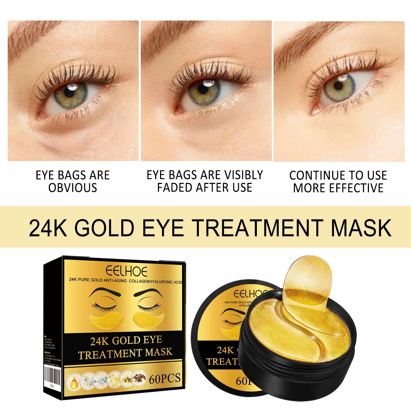 60PCS 24K Gold Under-Eye Patches – Hydrating Eye Masks for Dark Circles