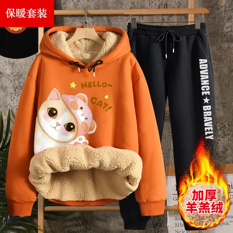 Hoodies Women Autumn Winter New High School Students Thick Lamb Velvet Suit Two-piece Sweatshirt Pants Harajuku Clothes Femme