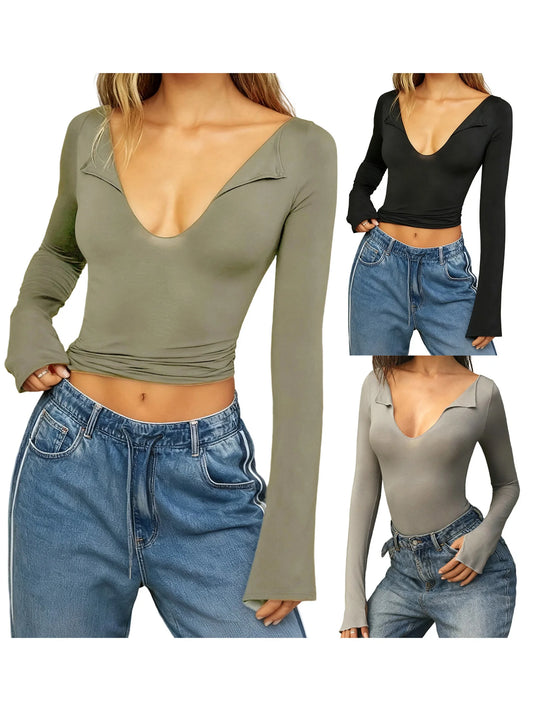 Women’s V-Neck Long-Sleeve Base Layer — Fitted Yoga & Gym Top — view 1 of sports & fitness