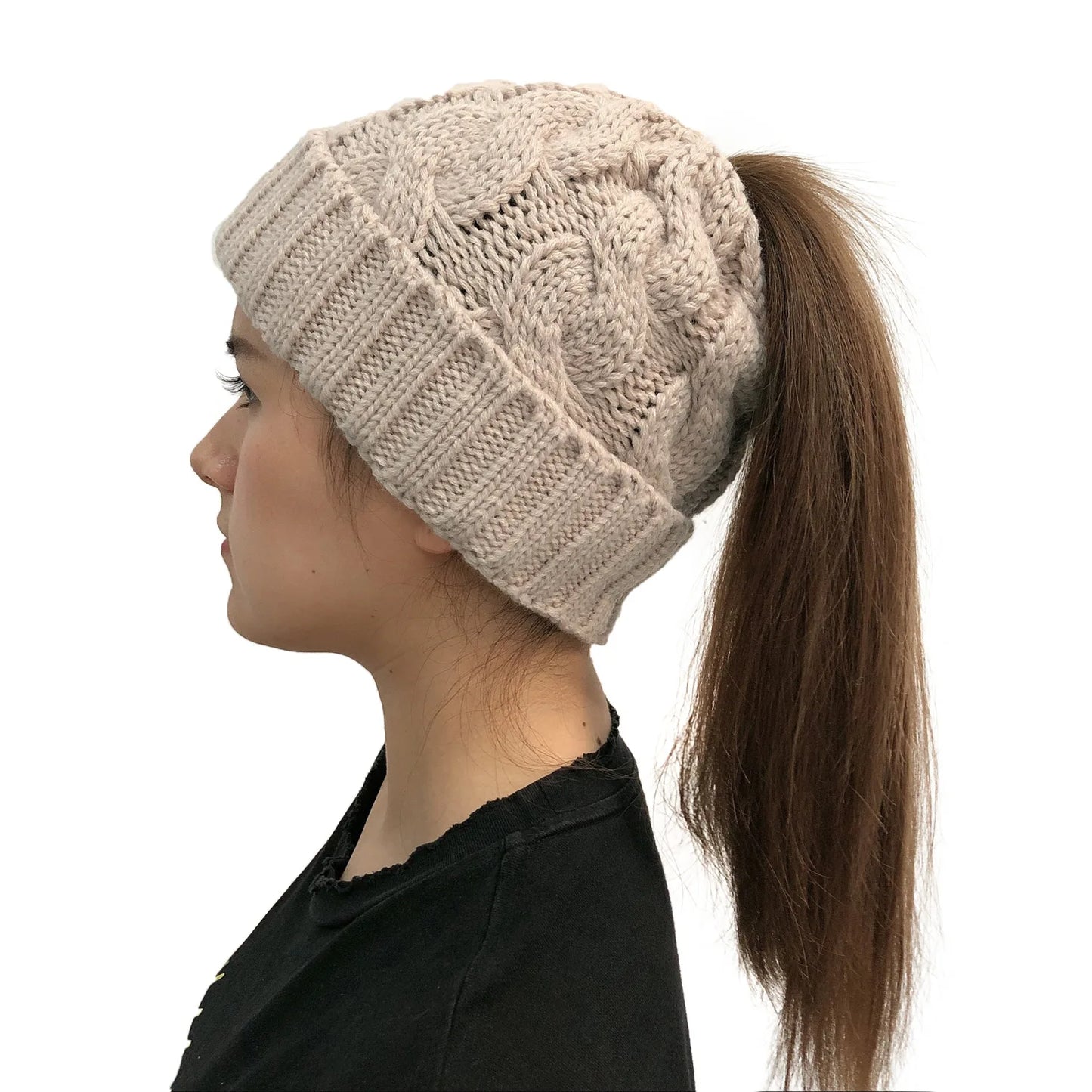 Women Winter Hats Beanies Knitted Girls Cap Twist Crochet Winter Hats For Female Pompom Beanie Ear Braid Ponytail Hat Skullies