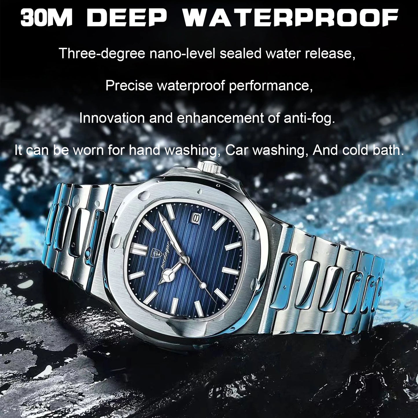 POEDAGAR Men's Square Luxury Watch — Waterproof Luminous Stainless Steel Sport Quartz Wristwatch — view 4 of watches