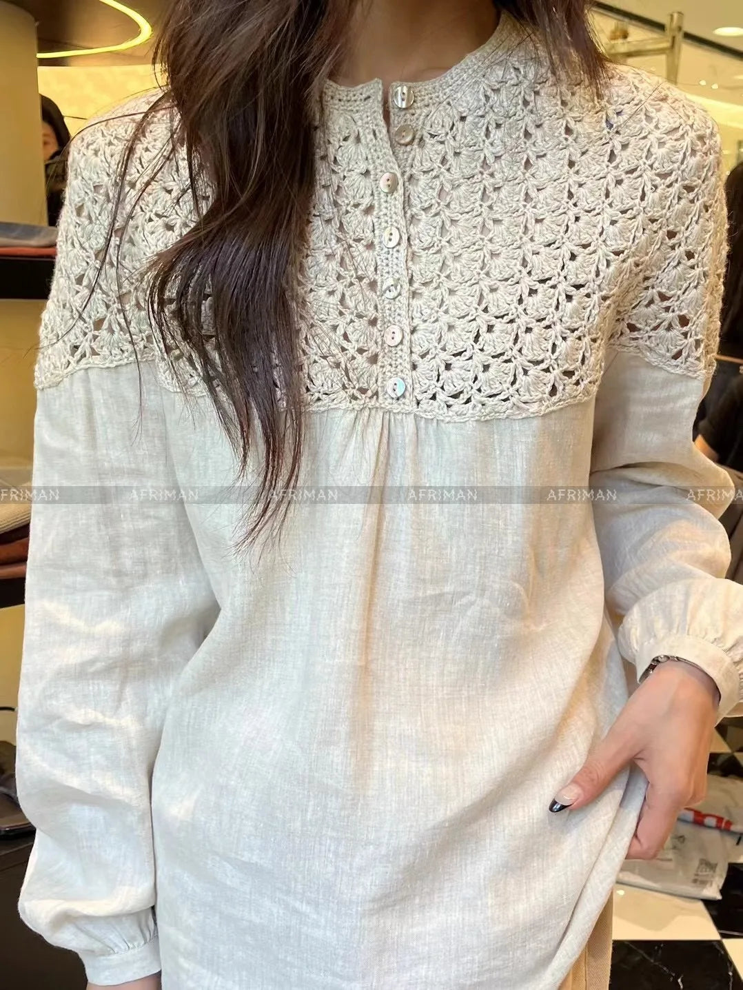 Women Vintage Style Hollow Out Crochet Wool Splicing Linen Comfortable Loose Blouse Top