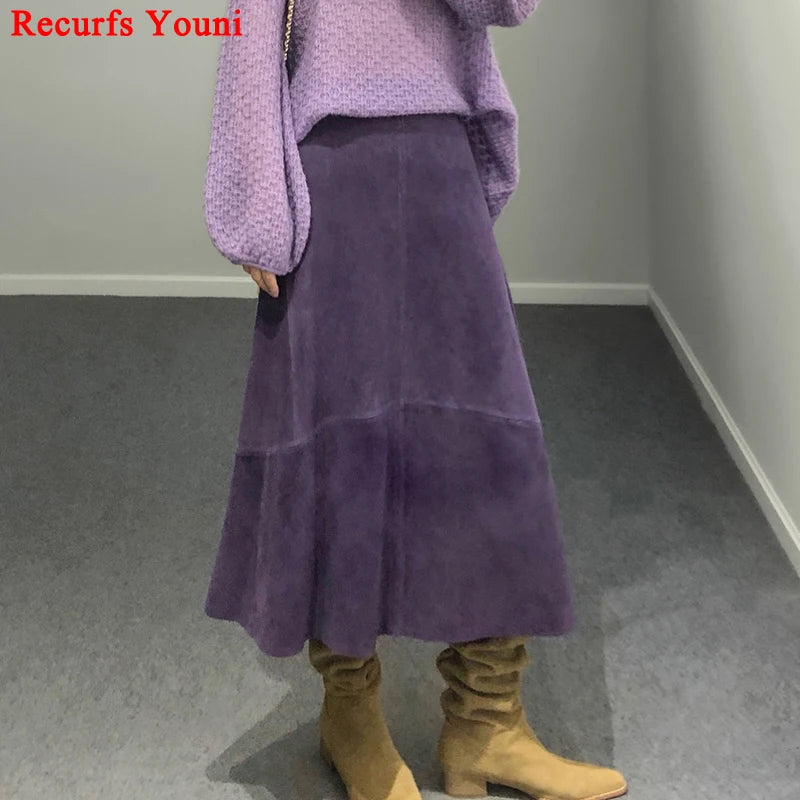 Women Purple Suede Leather Skirt 2024 Trend Spring Harajuku Big Hem 85 cm Long Faldas Mujer Chic Bohemian 100% Leather Dress