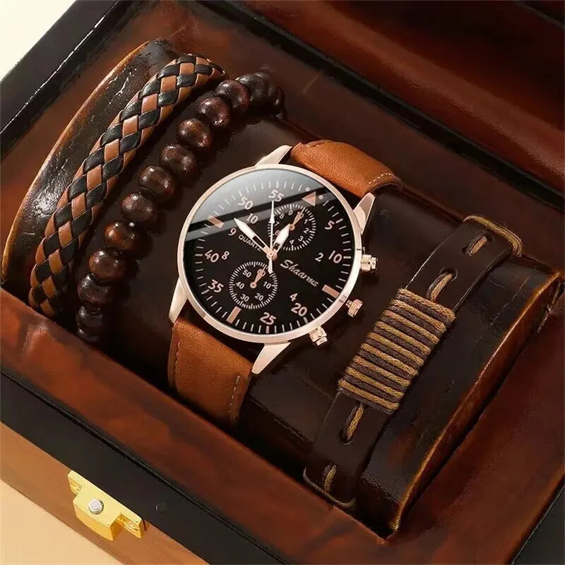 Men's Luxury Watch & Bracelet Gift Set — Fashion Business Brown Leather Quartz Wristwatch — view 6 of watches